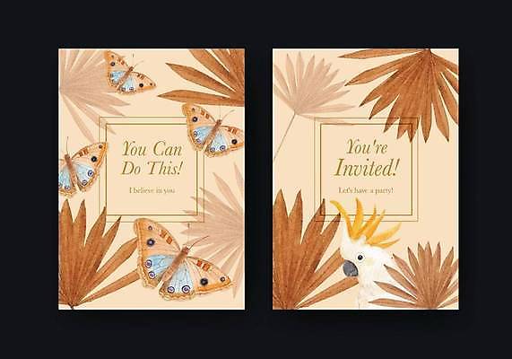 EPS 해외이미지 템플릿 한마리 나비 잎 일러스트 사람없음 갈색 앵무새 초대장 초대 해외일러스트 식물 1 컬러 곤충 조류 카드_감사 파일형식 벡터 이미지허브