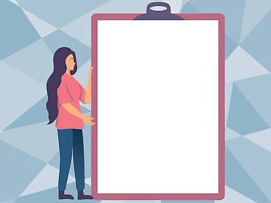 EPS 해외이미지 전신 응시 여자 백그라운드 일러스트 프레임 한명 성인 파란색 공백 잡기 플랫 서류판 성인여자한명만 카피스페이스 해외일러스트 1 시선 컬러 모션 사람 사무용품 여자한명만 성인여자만 파일형식 벡터 이미지허브