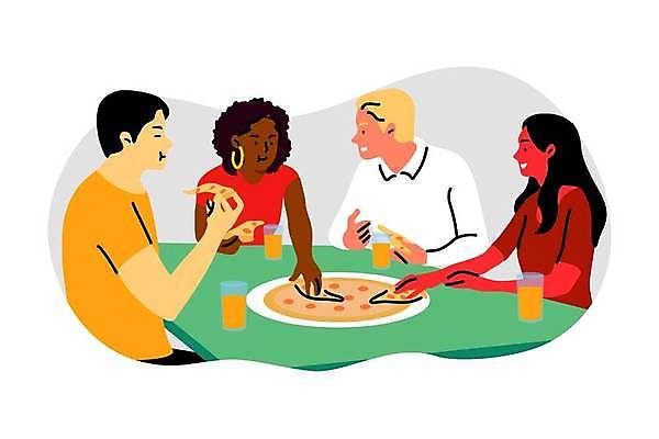 EPS 해외이미지 여자 남자 일러스트 피자 함께함 대화 여러명 상반신 성인 친구 주스 먹기 다인종 성인만 해외일러스트 음료 다수 컨셉 관계 모션 패스트푸드 서양음식 말하기 사람 인종 파일형식 벡터 이미지허브