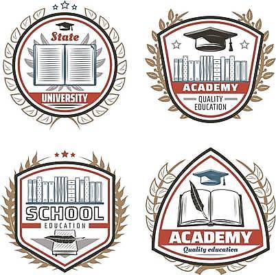 EPS 해외이미지 별 일러스트 학사모 사람없음 책 세트 라벨 원형 대학교 대학교육 깃털펜 월계수 해외일러스트 자연요소 도형 모자_잡화 교육 졸업 학교 프레임 펜 파일형식 벡터 이미지허브