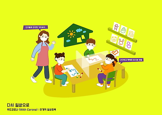 전신 여자 남자 어린이 말풍선 의자 일러스트 학교 수업 마스크 서기 앉기 소녀 소년 여러명 상반신 성인 일상 생활 노란색 유치원 유치원생 그리기 책상 크레파스 유치원선생님 가림막 방역 코로나바이러스 사회적거리두기 생활방역 델타변이바이러스 위드코로나 대면 국내일러스트 AI파일 교육 캠페인 컬러 가구 다수 모션 학용품 사람 라이프 교사 바이러스 사회이슈 파일형식 벡터