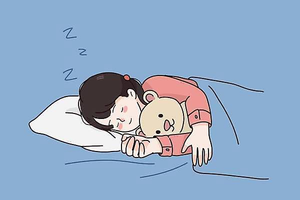EPS 해외이미지 여자 어린이 일러스트 베개 한명 파란색 눕기 눈감음 곰인형 잠 수면 소녀한명만 해외일러스트 1 인형 컬러 침구 모션 사람 물 여자한명만 소녀만 파일형식 벡터 이미지허브