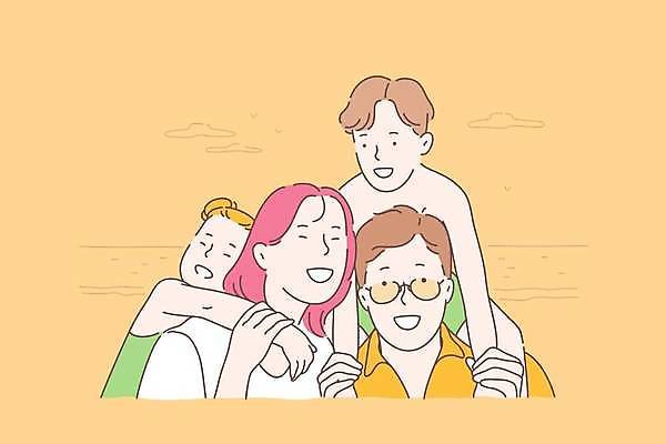 EPS 해외이미지 여자 남자 딸 아들 어린이 여행 일러스트 가족 포옹 엄마 사랑 소년 여러명 상반신 성인 해변 선글라스 노란색 목말 아빠 백허그 해외일러스트 감정 안경 바다 컬러 다수 관계 안기 모션 사람 파일형식 벡터 이미지허브