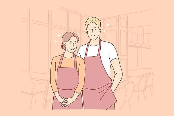 EPS 해외이미지 커플 여자 남자 일러스트 함께함 상반신 성인 두명 주황색 앞치마 주머니손 자영업 손모으기 성인만 소상공인 해외일러스트 직업 컬러 컨셉 비즈니스 관계 모션 사람 손짓 경제 상인 파일형식 벡터 이미지허브