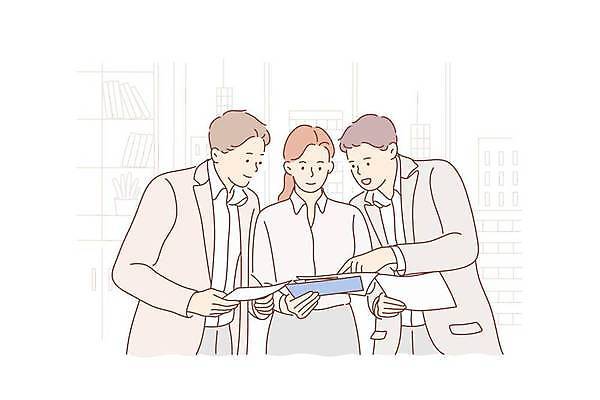 EPS 해외이미지 여자 남자 일러스트 비즈니스 회의 들기 정장 상반신 성인 세명 가리킴 비즈니스맨 비즈니스우먼 동료 문서 성인만 해외일러스트 옷 관계 모션 사람 손짓 직장인 파일형식 벡터 이미지허브