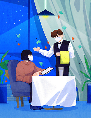 전신 PSD 여자 남자 화분 의자 일러스트 식탁 밤하늘 조명 안내 마스크 서기 들기 앉기 상반신 성인 두명 일상 파란색 레스토랑 가리킴 커튼 웨이터 고객 창가 물컵 메뉴판 주문 성인만 코로나바이러스 델타변이바이러스 위드코로나 국내일러스트 직업 컬러 가구 창문 모션 탁자 하늘 사람 손짓 라이프 컵 식당 바이러스 야간 사회이슈 파일형식