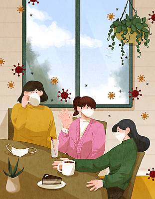 PSD 구름 여자 화분 커피 의자 일러스트 창문 탁자 티타임 휴식 대화 마스크 웃음 상반신 성인 일상 세명 친구 손들기 카페 마시기 조각케이크 커피잔 즐거움 수다 담소 성인여자만 코로나바이러스 노마스크 행잉플랜트 델타변이바이러스 위드코로나 국내일러스트 자연요소 감정 음료 가구 컨셉 관계 모션 잔 표정 말하기 사람 라이프 케이크 상점 바이러스 사회이슈 여자만 성인만 파일형식