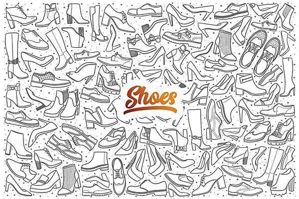 EPS 해외이미지 구두 운동화 일러스트 부츠 종류 타이포그라피 사람없음 세트 낙서 하이힐 라인아트 손그림 정장구두 롱부츠 해외일러스트 문자 선 신발 여성화 파일형식 벡터 이미지허브