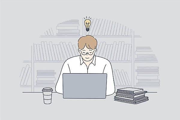 EPS 해외이미지 남자 커피 일러스트 비즈니스 책장 아이디어 한명 상반신 성인 책 노트북 회색 비즈니스맨 성인남자한명만 안경낌 해외일러스트 1 안경 음료 컬러 가구 컨셉 사람 전자제품 직장인 남자한명만 성인남자만 파일형식 벡터 이미지허브