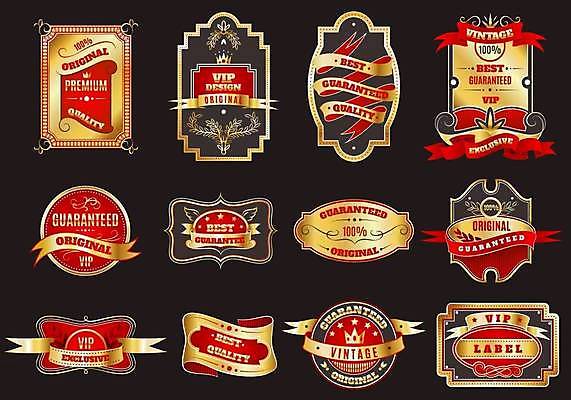 EPS 해외이미지 별 리본 일러스트 사람없음 빨간색 세트 라벨 회색 금색 원형 화려 고급 심볼 VIP 해외일러스트 자연요소 도형 컬러 컨셉 프레임 파일형식 벡터 이미지허브