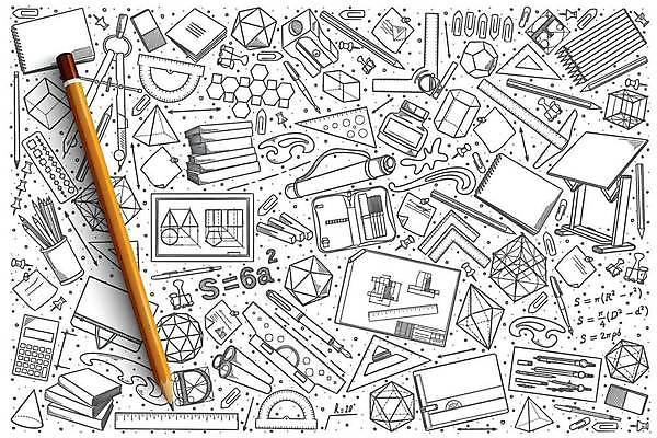EPS 해외이미지 교육 종이 가방 일러스트 자 사람없음 책 세트 연필 펜 계산기 스케치 큐브 책상 오브젝트 그림 지우개 손그림 삼각자 공학 각도기 입체도형 잉크통 스타일 해외일러스트 도형 잡화 가구 문구용품 학용품 통 미술 필기구 장비 입체 파일형식 벡터 이미지허브