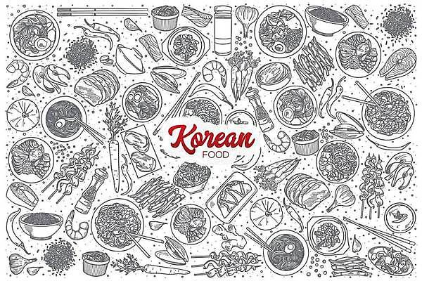 EPS 해외이미지 한식 일러스트 젓가락 고추 조개 새우 마늘 종류 육류 어류 사람없음 세트 당근 다양 라면 낙서 어묵꼬치 라인아트 뚝배기 비빔밥 손그림 연어 해외일러스트 선 음식 다수 채소 식재료 어패류 뿌리채소 수저 갑각류 수중동물 면류 꼬치 어묵 파일형식 벡터 이미지허브