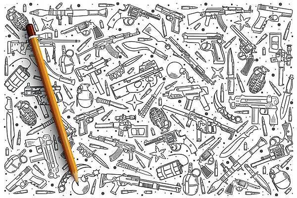 EPS 해외이미지 무기 일러스트 사람없음 세트 권총 총 칼 폭발물 폭탄 스케치 손그림 수류탄 표창 다이너마이트 잭나이프 해외일러스트 미술 파일형식 벡터 이미지허브