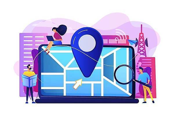 EPS 해외이미지 전신 여자 남자 화살표 일러스트 돋보기 들기 앉기 성인 건물 세명 노트북 디지털 타이핑 위치 커서 약도 네비게이션 성인만 디지털라이프 해외일러스트 라이프스타일 건축물 지도 모션 사람 전자제품 파일형식 벡터 이미지허브