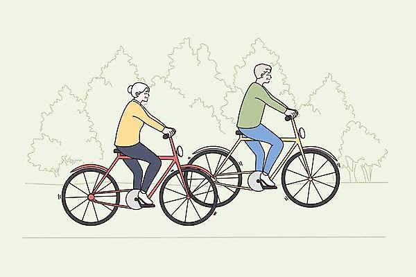 EPS 해외이미지 전신 나무 커플 여자 할아버지 노년 남자 할머니 일러스트 앉기 두명 연두색 자전거 노인만 해외일러스트 식물 관계 모션 사람 성인 초록색 바이크 성인만 파일형식 벡터 이미지허브