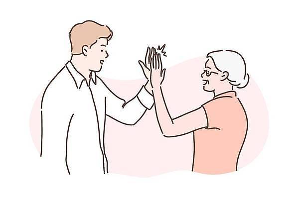 EPS 해외이미지 여자 노년 남자 감정 분홍색 일러스트 상반신 성인 두명 하이파이브 해외일러스트 컬러 사람 손짓 파일형식 벡터 이미지허브