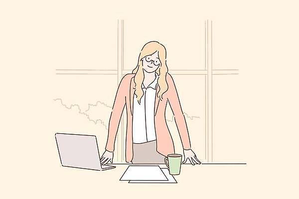 EPS 해외이미지 여자 종이 일러스트 비즈니스 한명 상반신 성인 컵 노트북 비즈니스우먼 살구색 성인여자한명만 안경낌 해외일러스트 1 식기 안경 컬러 사람 전자제품 직장인 여자한명만 성인여자만 파일형식 벡터 이미지허브