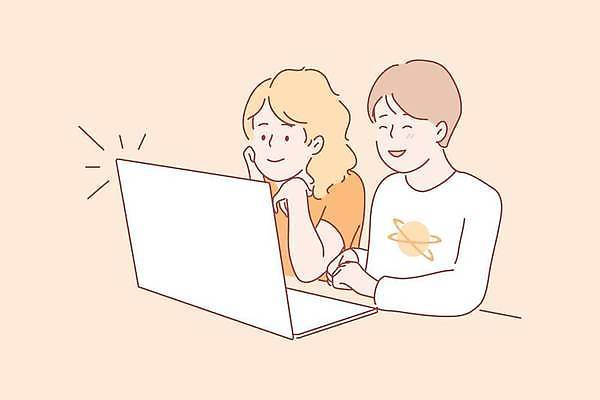 EPS 해외이미지 여자 남자 어린이 일러스트 대화 소년 상반신 두명 노트북 주황색 온라인 동영상 어린이만 해외일러스트 컬러 말하기 사람 전자제품 파일형식 벡터 이미지허브