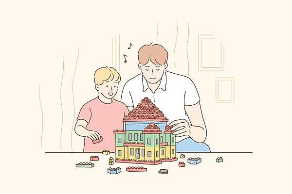 EPS 해외이미지 남자 아들 어린이 일러스트 가족 놀이 들기 소년 상반신 성인 두명 노란색 성 아빠 레고 블록쌓기 남자만 해외일러스트 건축물 컬러 관계 모션 사람 장난감 쌓기 블록 파일형식 벡터 이미지허브