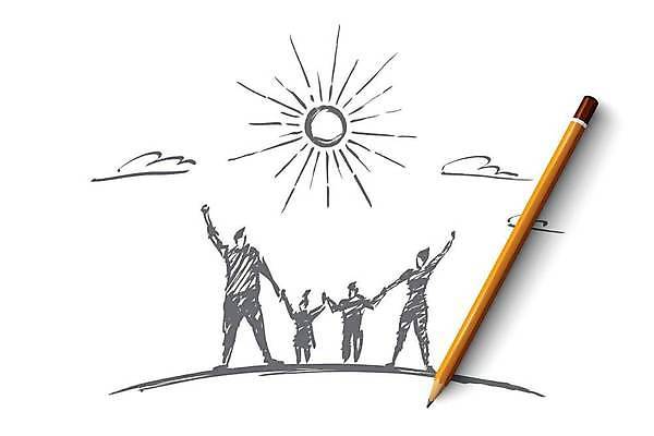 EPS 해외이미지 행복 컨셉 일러스트 가족 사람모양 함께함 사랑 사람없음 태양 연필 손들기 손잡기 스케치 손그림 해외일러스트 자연요소 모양 감정 관계 모션 학용품 미술 필기구 파일형식 벡터 이미지허브