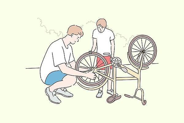 EPS 해외이미지 전신 남자 아들 어린이 일러스트 들기 소년 성인 두명 노란색 자전거 아빠 수리 웅크림 남자만 해외일러스트 컬러 가족 모션 사람 바이크 파일형식 벡터 이미지허브