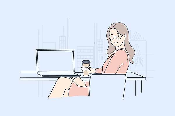 EPS 해외이미지 여자 커피 하늘색 일러스트 비즈니스 한명 들기 앉기 상반신 성인 노트북 다리꼬기 비즈니스우먼 테이크아웃컵 성인여자한명만 안경낌 해외일러스트 1 안경 음료 모션 사람 컵 파란색 전자제품 직장인 여자한명만 성인여자만 파일형식 벡터 이미지허브