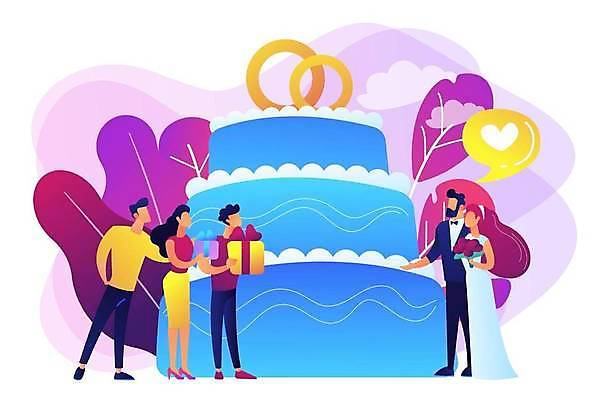 EPS 해외이미지 전신 라이프스타일 여자 남자 행복 결혼 말풍선 일러스트 결혼식 사랑 서기 들기 여러명 성인 파란색 선물상자 하트 축하 웨딩케이크 결혼반지 얼굴없음 성인만 해외일러스트 모양 감정 컬러 다수 컨셉 모션 선물 사람 이벤트 생활 상자 케이크 반지 파일형식 벡터 이미지허브