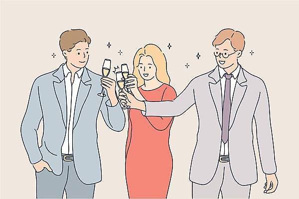 EPS 해외이미지 여자 남자 일러스트 비즈니스 성공 들기 정장 상반신 성인 세명 회색 비즈니스맨 비즈니스우먼 샴페인 샴페인잔 주머니손 성인만 해외일러스트 옷 컬러 컨셉 술잔 모션 주류 사람 직장인 파일형식 벡터 이미지허브