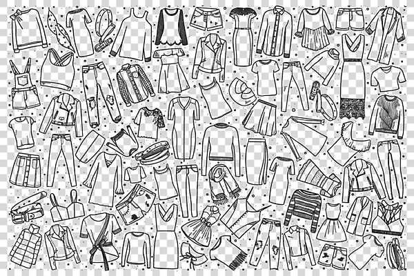 EPS 해외이미지 옷 원피스 셔츠 일러스트 반바지 바지 사람없음 세트 치마 민소매 목도리 코트 벨트 반팔티셔츠 청바지 낙서 멜빵바지 라인아트 손그림 가죽자켓 긴팔티셔츠 해외일러스트 잡화 선 상의 티셔츠 하의 외투 재킷 멜빵 파일형식 벡터 이미지허브