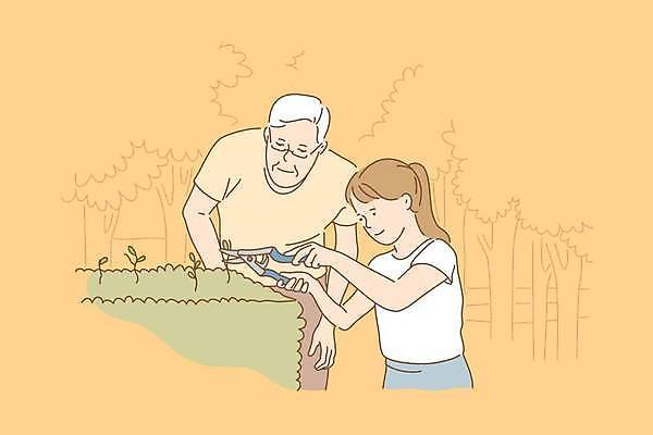 EPS 해외이미지 나무 여자 할아버지 노년 남자 어린이 일러스트 손녀 들기 상반신 두명 노란색 자르기 원예 전정가위 해외일러스트 식물 컬러 모션 가위_도구 사람 성인 취미 손주 파일형식 벡터 이미지허브