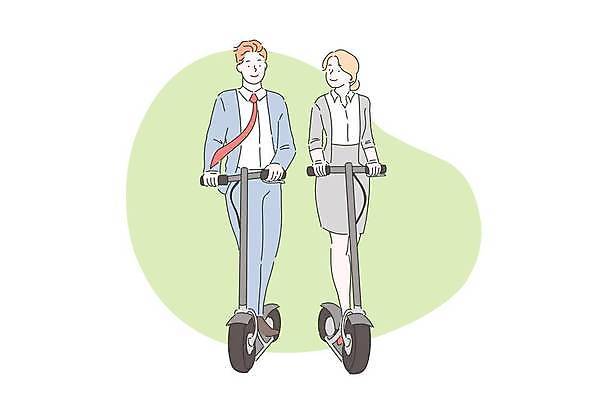 EPS 해외이미지 전신 여자 남자 일러스트 비즈니스 서기 정장 성인 두명 연두색 비즈니스맨 비즈니스우먼 성인만 전동퀵보드 해외일러스트 옷 육상교통 모션 사람 초록색 직장인 퀵보드 파일형식 벡터 이미지허브