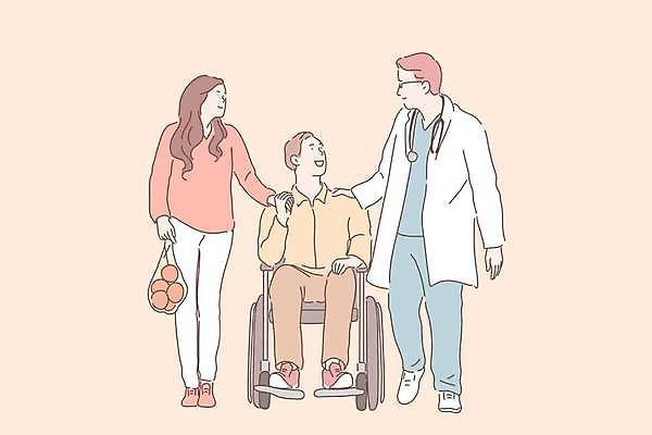 EPS 해외이미지 전신 여자 남자 일러스트 비닐봉투 들기 앉기 성인 세명 걷기 손잡기 환자 의사 장애인 휠체어 보호자 살구색 성인만 어깨에손 해외일러스트 컬러 의학 모션 봉투 사람 의료진 장애 파일형식 벡터 이미지허브