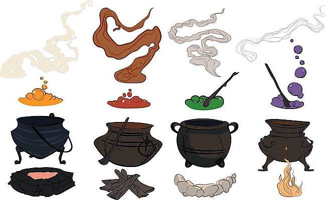 EPS 해외이미지 일러스트 불 사람없음 할로윈 다양 연기 솥 국자 해외일러스트 자연요소 다수 주방용품 파일형식 벡터 이미지허브