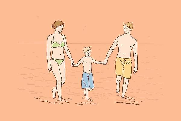 EPS 해외이미지 전신 여자 남자 수영복 행복 아들 어린이 일러스트 가족 엄마 소년 성인 해변 세명 걷기 손잡기 아빠 해외일러스트 옷 감정 바다 관계 모션 사람 파일형식 벡터 이미지허브