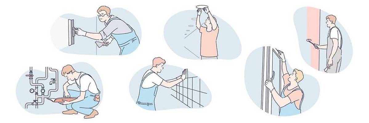 EPS 해외이미지 직업 남자 벽 장갑 유니폼 일러스트 전구 창문 유리 조명 아파트 주택 실내 사람 소년 내부 장식 빛 세트 페인트 장비 공구 붓 업무 플랫 수리 위생 종업원 모종삽 타일 파이프 화가 건축업자 배관공 설치 재주꾼 판유리 해외일러스트 잡화 옷 건축 어린이 재질 건물 도구 작업 삽 파일형식 벡터 이미지허브