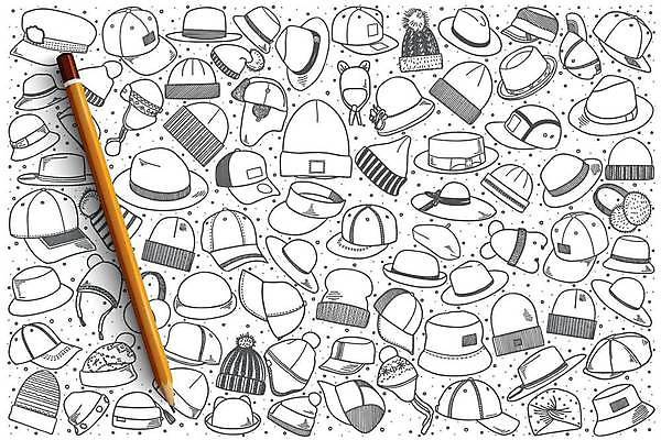 EPS 해외이미지 모자 일러스트 털모자 종류 사람없음 세트 다양 스케치 귀마개 손그림 캡모자 스타일 해외일러스트 모자_잡화 잡화 다수 미술 파일형식 벡터 이미지허브