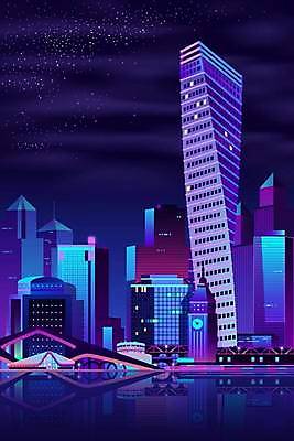 EPS 해외이미지 별 야경 일러스트 하늘 빌딩 사람없음 빛 강 도시풍경 도시 가교 해외일러스트 자연요소 건축물 풍경 건물 야간 파일형식 벡터 풍경_경치 이미지허브