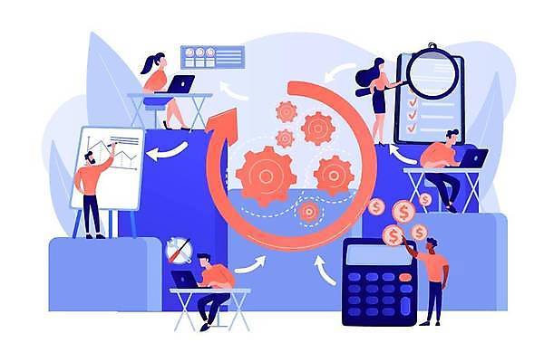 EPS 해외이미지 전신 여자 남자 일러스트 비즈니스 돋보기 들기 앉기 여러명 성인 파란색 업무 순환 성인만 코랄 해외일러스트 컬러 다수 모션 사람 작업 파일형식 벡터 이미지허브