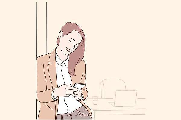 EPS 해외이미지 응시 여자 일러스트 비즈니스 한명 들기 상반신 성인 노트북 스마트폰 기댐 비즈니스우먼 살구색 성인여자한명만 해외일러스트 1 시선 컬러 모션 사람 전자제품 핸드폰 스마트기기 직장인 여자한명만 성인여자만 파일형식 벡터 이미지허브