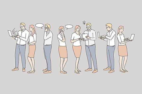 EPS 해외이미지 전신 여자 남자 말풍선 일러스트 비즈니스 회의 협력 서기 들기 여러명 성인 노트북 스마트폰 회색 비즈니스맨 비즈니스우먼 동료 문서 통화 성인만 해외일러스트 컬러 다수 관계 모션 사람 전자제품 핸드폰 스마트기기 직장인 파일형식 벡터 이미지허브