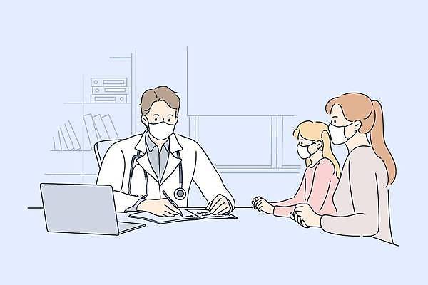 EPS 해외이미지 여자 남자 딸 어린이 일러스트 엄마 건강 병원 마스크 상반신 성인 세명 파란색 노트북 의사 해외일러스트 컬러 의학 가족 사람 전자제품 의료진 파일형식 벡터 이미지허브