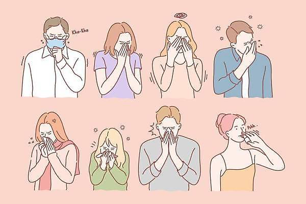 EPS 해외이미지 여자 남자 일러스트 마스크 여러명 성인 찡그림 두통 입가림 기침 재채기 증상 코감기 성인만 해외일러스트 다수 표정 사람 가림 질병 감기_질병 파일형식 벡터 이미지허브