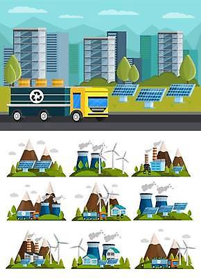 EPS 해외이미지 나무 일러스트 공장 산 아파트 굴뚝 사람없음 건물 세트 에너지 트럭 도시 그린에너지 연기 제조 집열판 풍력기 화물트럭 공장굴뚝 생산지 그린시티 재활용표시 해외일러스트 식물 건축물 공업 자동차 표시 주택 재활용 풍력에너지 태양에너지 파일형식 벡터 그린뉴딜 이미지허브