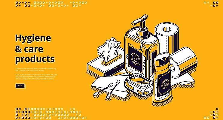 EPS 해외이미지 일러스트 타이포그라피 사람없음 위생용품 노란색 화장지 위생 선크림 비누 샴푸 아이소메트릭 두루마리화장지 면봉 바디워시 위생관리 해외일러스트 문자 컬러 생활용품 관리 화장품 파일형식 벡터 이미지허브