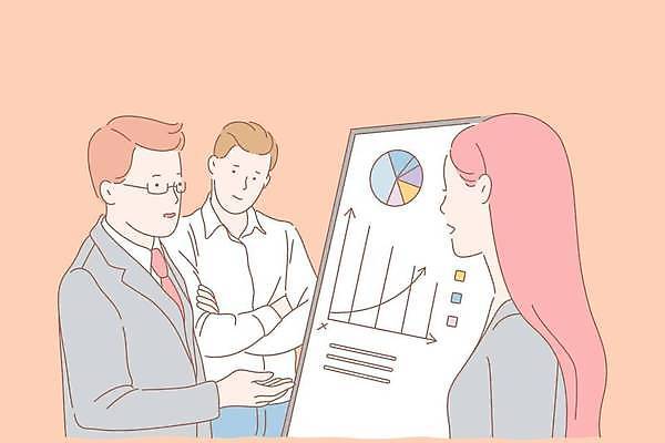 EPS 해외이미지 여자 남자 일러스트 비즈니스 회의 그래프 상반신 성인 세명 팔짱 가리킴 비즈니스맨 비즈니스우먼 원그래프 성인만 코랄 해외일러스트 컬러 모션 사람 손짓 직장인 파일형식 벡터 이미지허브