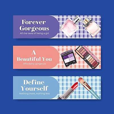 EPS 해외이미지 배너 하늘색 일러스트 사람없음 보라색 화장품 립스틱 붓 향수 마스카라 메이크업브러쉬 섀도우팔레트 코랄 해외일러스트 컬러 파란색 뷰티 파일형식 벡터 이미지허브