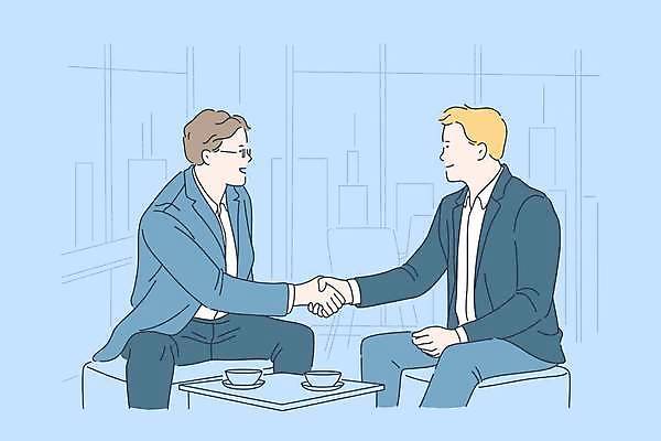 EPS 해외이미지 남자 하늘색 일러스트 비즈니스 악수 앉기 정장 상반신 성인 두명 비즈니스맨 찻잔 컵받침 성인남자만 해외일러스트 옷 모션 잔 사람 손짓 파란색 직장인 받침대 남자만 성인만 파일형식 벡터 이미지허브