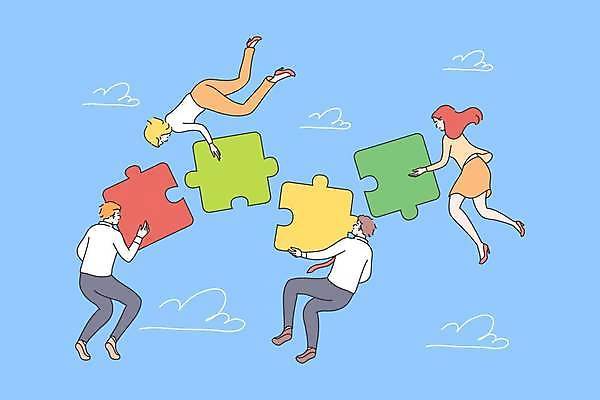 EPS 해외이미지 전신 여자 남자 하늘색 일러스트 비즈니스 협력 들기 정장 여러명 성인 비행 비즈니스맨 비즈니스우먼 퍼즐 성인만 해외일러스트 옷 다수 모션 사람 파란색 직장인 파일형식 벡터 이미지허브