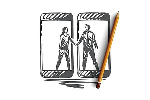 EPS 해외이미지 여자 남자 컨셉 인터넷 일러스트 모바일 성인 두명 스마트폰 손잡기 만남 연결 스케치 손그림 온라인 소셜네트워크 얼굴없음 성인만 해외일러스트 모션 미술 사람 핸드폰 스마트기기 파일형식 벡터 이미지허브