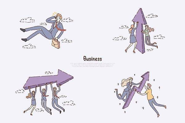 EPS 해외이미지 전신 여자 남자 화살표 서류가방 일러스트 비즈니스 들기 여러명 성인 보라색 비즈니스맨 비즈니스우먼 상승 성인만 해외일러스트 컬러 다수 컨셉 가방 모션 사람 직장인 파일형식 벡터 이미지허브